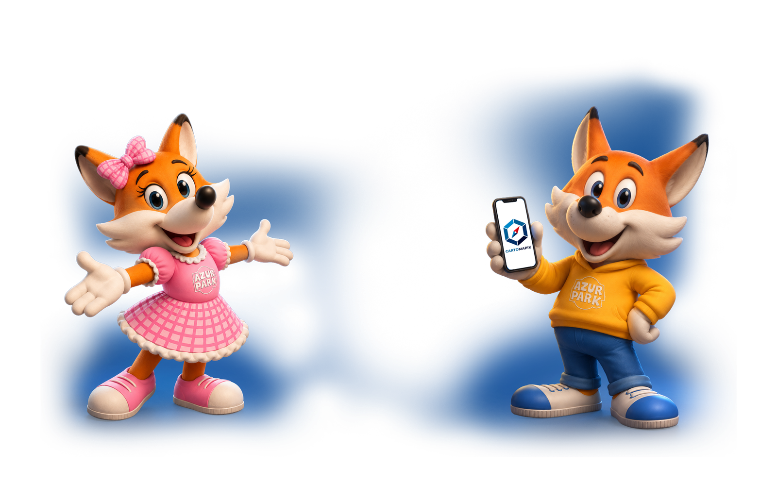 Les mascottes d'Azur Park présentent le plan interactif Cartomapix